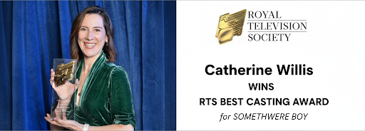 Catherine Willis holding the RTS award for casting Somewhere Boy